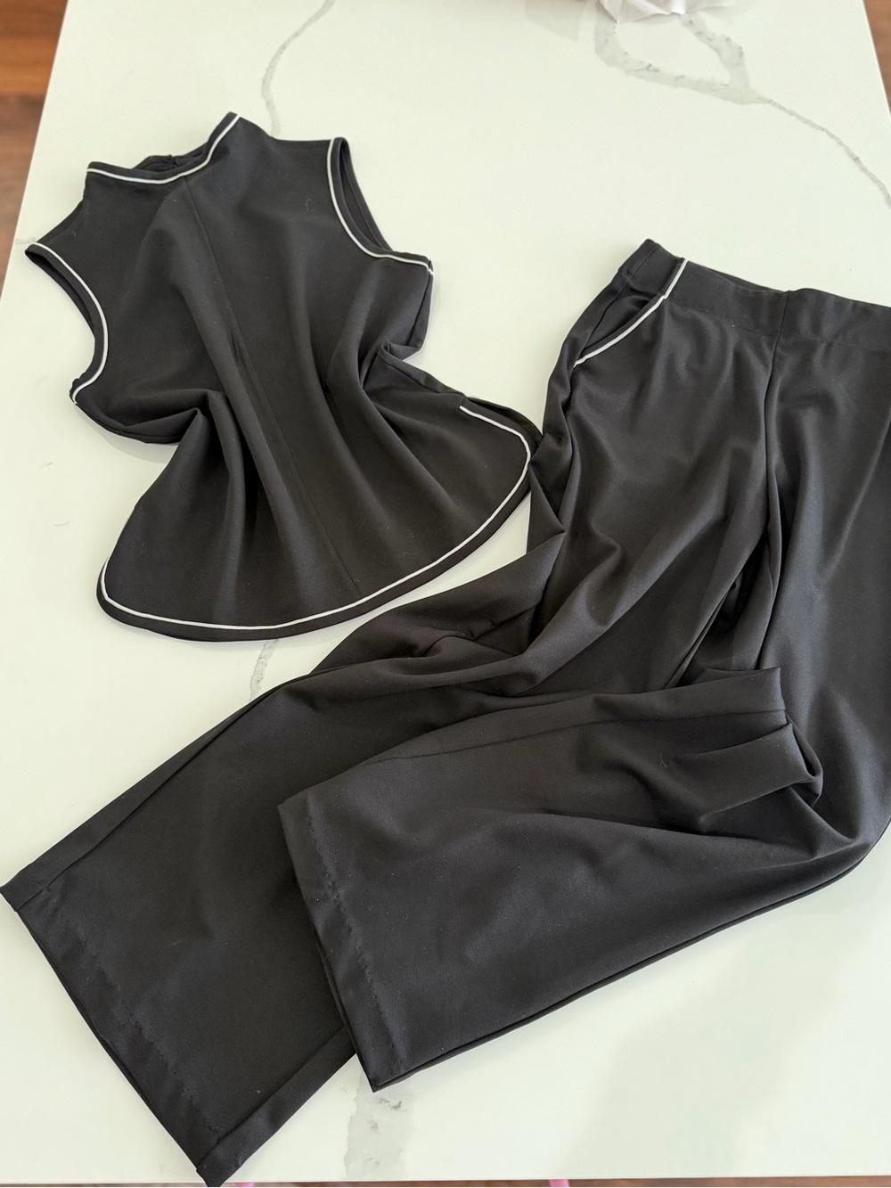 Max Studio Black Top and matching pants with White Piping